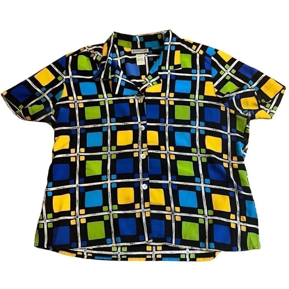 Vintage Women's color Block Blouse sz L button up shirt top by Notations